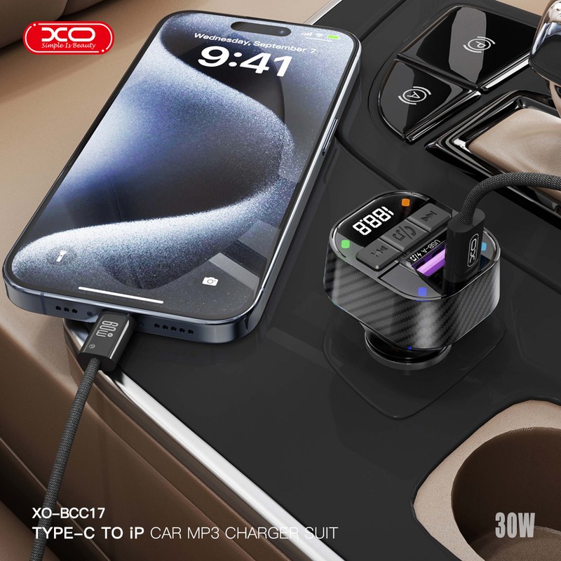 Transmitator FM XO BCC17 Bluetooth MP3 incarcator auto 30W, USB tip A, USB-C, 3 A, Negru