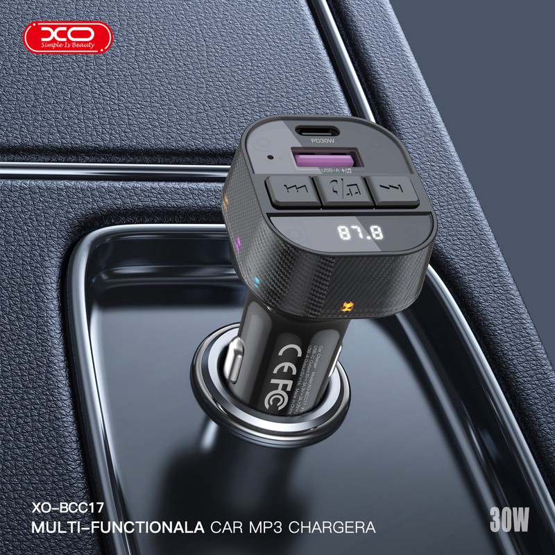 Transmitator FM XO BCC17 Bluetooth MP3 incarcator auto 30W, USB tip A, USB-C, 3 A, Negru