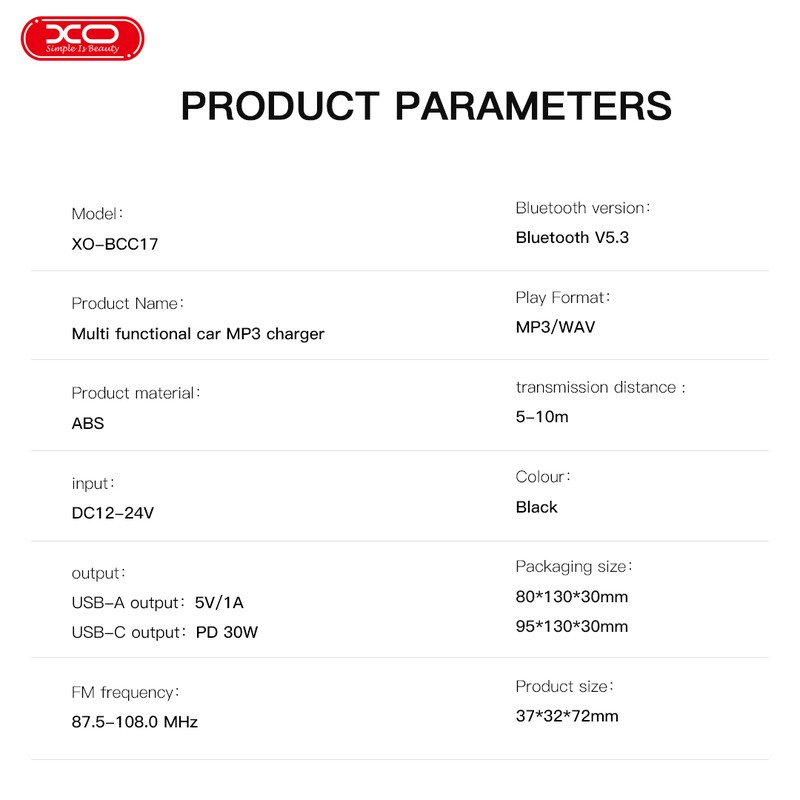 Transmitator FM XO BCC17 Bluetooth MP3 incarcator auto 30W, USB tip A, USB-C, 3 A, Negru