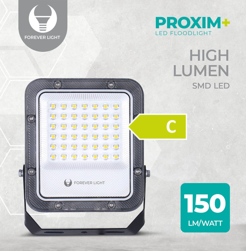 Proiector LED Proxim+ 30W 6500K 4500lm 230V IP65 Forever, dimensiuni 135 x 28 x 152mm, cablu 30cm, Negru