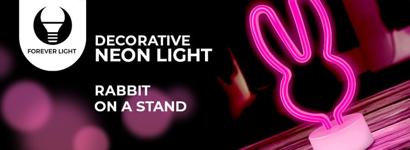 Neon LED cu suport Forever Light, Rabbit, dimensiuni 85 x 110 x 240mm, cablu USB cu lungimea 2m, alimentare USB sau 3xAA, roz