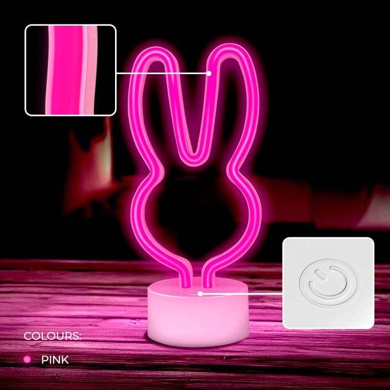 Neon LED cu suport Forever Light, Rabbit, dimensiuni 85 x 110 x 240mm, cablu USB cu lungimea 2m, alimentare USB sau 3xAA, roz