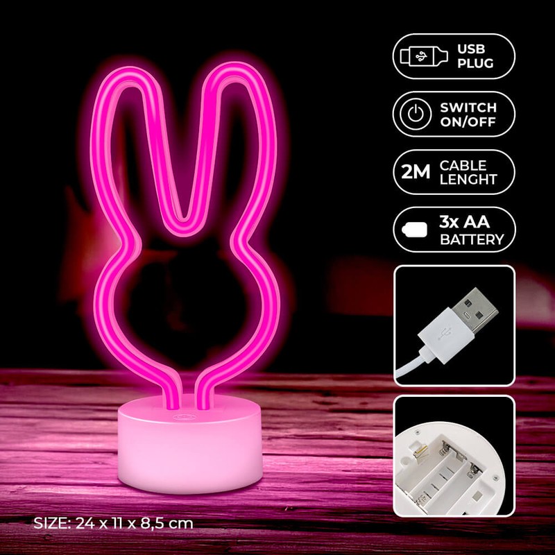 Neon LED cu suport Forever Light, Rabbit, dimensiuni 85 x 110 x 240mm, cablu USB cu lungimea 2m, alimentare USB sau 3xAA, roz