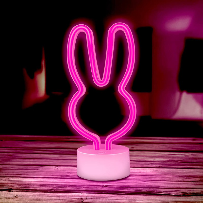Neon LED cu suport Forever Light, Rabbit, dimensiuni 85 x 110 x 240mm, cablu USB cu lungimea 2m, alimentare USB sau 3xAA, roz
