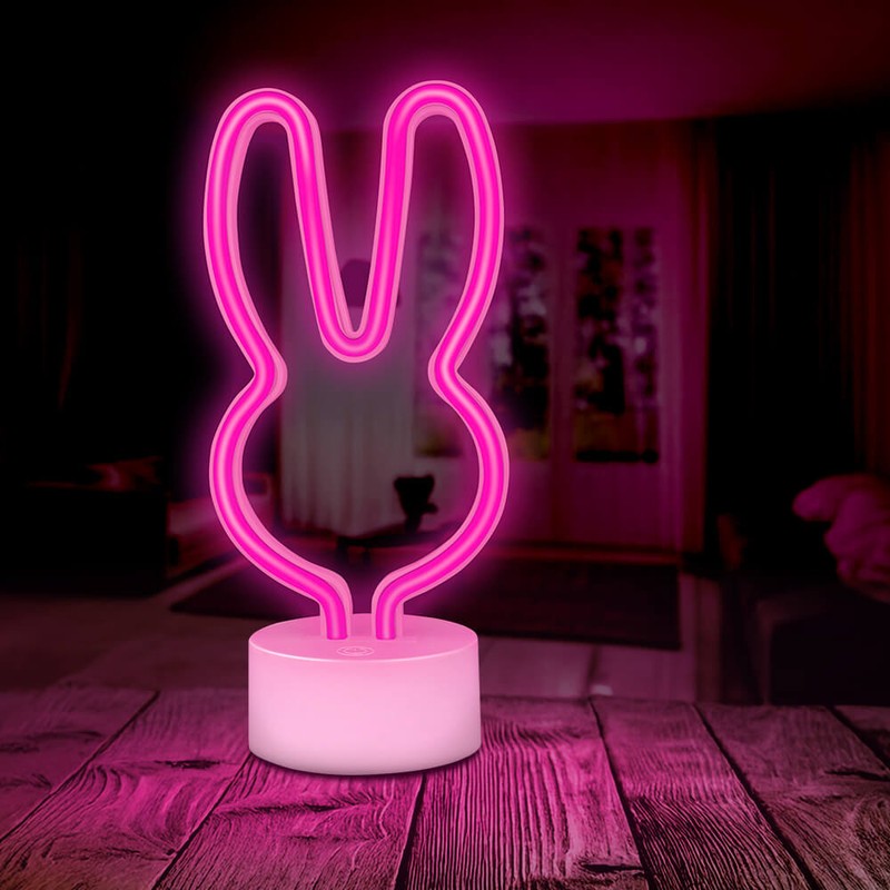 Neon LED cu suport Forever Light, Rabbit, dimensiuni 85 x 110 x 240mm, cablu USB cu lungimea 2m, alimentare USB sau 3xAA, roz
