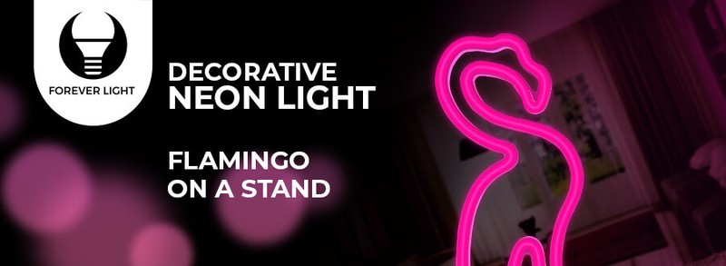 Neon LED cu suport Forever Light, Flamingo, dimensiuni 85 x 110 x 240mm, cablu USB cu lungimea 2m, alimenatre USB sau 3xAA, roz