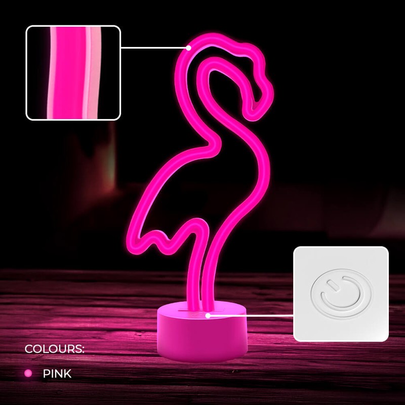Neon LED cu suport Forever Light, Flamingo, dimensiuni 85 x 110 x 240mm, cablu USB cu lungimea 2m, alimenatre USB sau 3xAA, roz