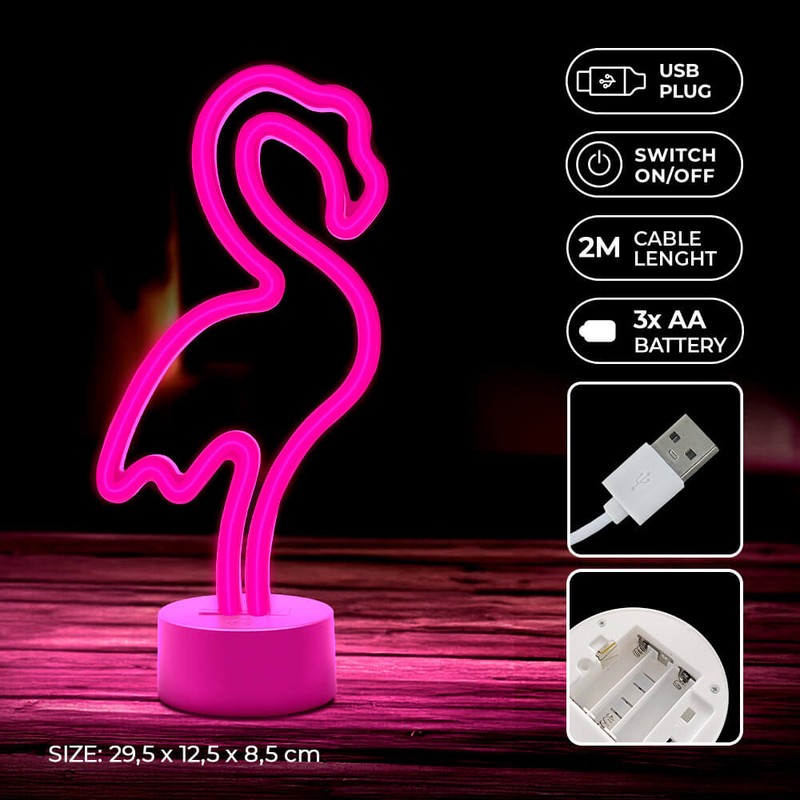 Neon LED cu suport Forever Light, Flamingo, dimensiuni 85 x 110 x 240mm, cablu USB cu lungimea 2m, alimenatre USB sau 3xAA, roz