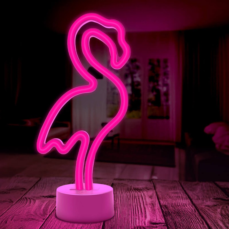 Neon LED cu suport Forever Light, Flamingo, dimensiuni 85 x 110 x 240mm, cablu USB cu lungimea 2m, alimenatre USB sau 3xAA, roz