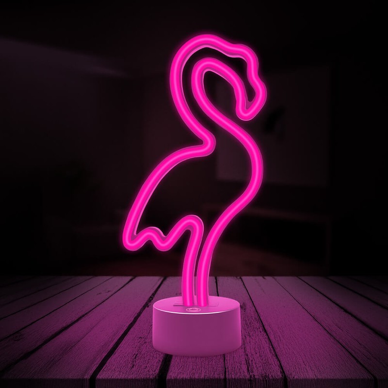 Neon LED cu suport Forever Light, Flamingo, dimensiuni 85 x 110 x 240mm, cablu USB cu lungimea 2m, alimenatre USB sau 3xAA, roz
