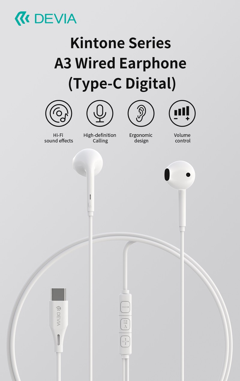 Casti Devia cu fir Kintone A3 jack 3,5 mm, USB-C, cablu 1.2m, Alb
