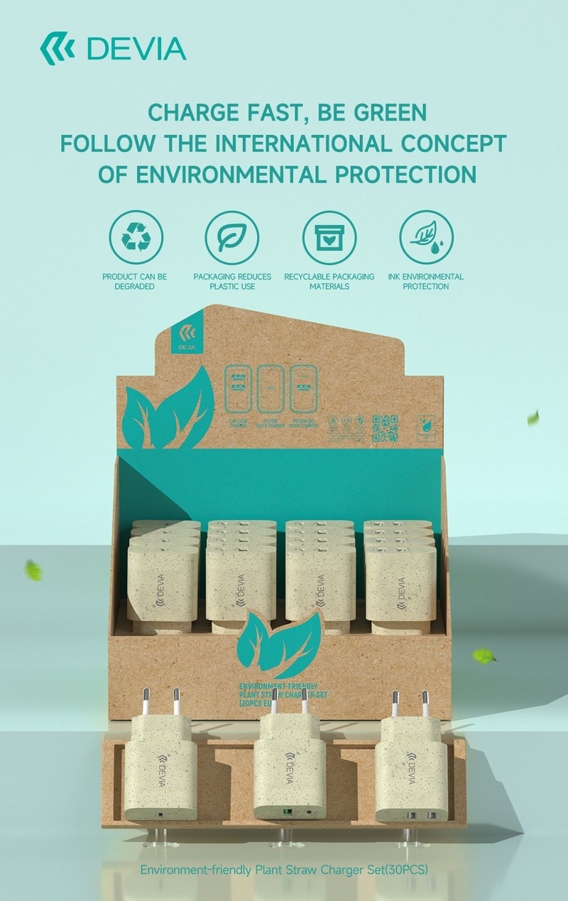 Set 20 incarcatoare retea Devia model Plant Straw PD Quick Chargers, contine 5 x incarcator USB-C 20W, 10 x incarcator cu porturi USB-C si USB-A 20W, 5 x incarcator cu 2 porturi USB-A 2.4A,  bej