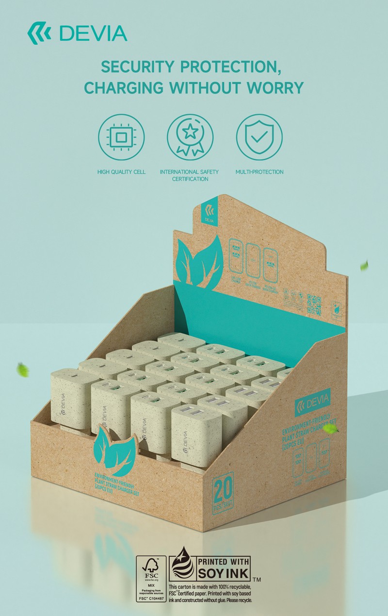 Set 20 incarcatoare retea Devia model Plant Straw PD Quick Chargers, contine 5 x incarcator USB-C 20W, 10 x incarcator cu porturi USB-C si USB-A 20W, 5 x incarcator cu 2 porturi USB-A 2.4A,  bej
