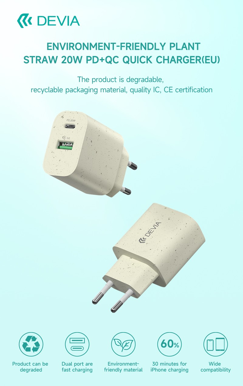 Set 20 incarcatoare retea Devia model Plant Straw PD Quick Chargers, contine 5 x incarcator USB-C 20W, 10 x incarcator cu porturi USB-C si USB-A 20W, 5 x incarcator cu 2 porturi USB-A 2.4A,  bej