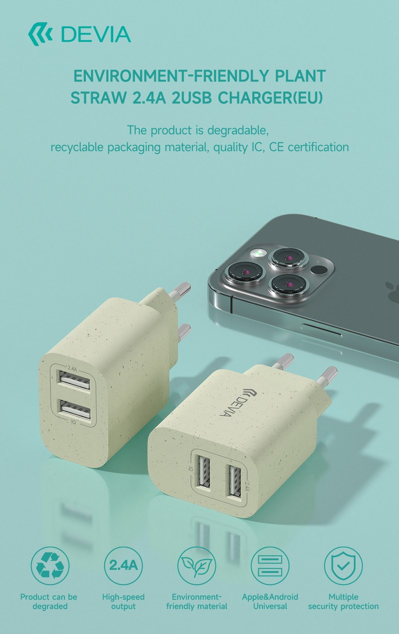 Set 20 incarcatoare retea Devia model Plant Straw PD Quick Chargers, contine 5 x incarcator USB-C 20W, 10 x incarcator cu porturi USB-C si USB-A 20W, 5 x incarcator cu 2 porturi USB-A 2.4A,  bej