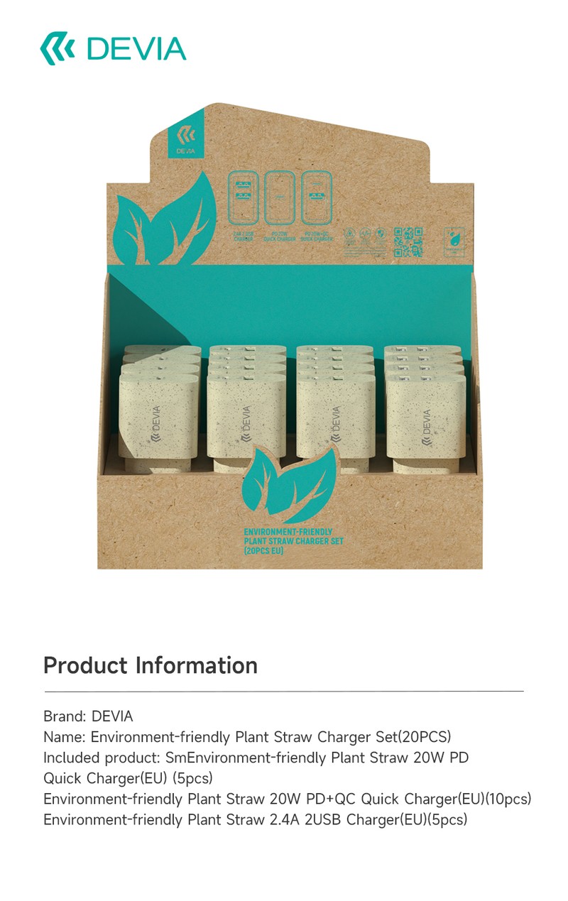 Set 20 incarcatoare retea Devia model Plant Straw PD Quick Chargers, contine 5 x incarcator USB-C 20W, 10 x incarcator cu porturi USB-C si USB-A 20W, 5 x incarcator cu 2 porturi USB-A 2.4A,  bej