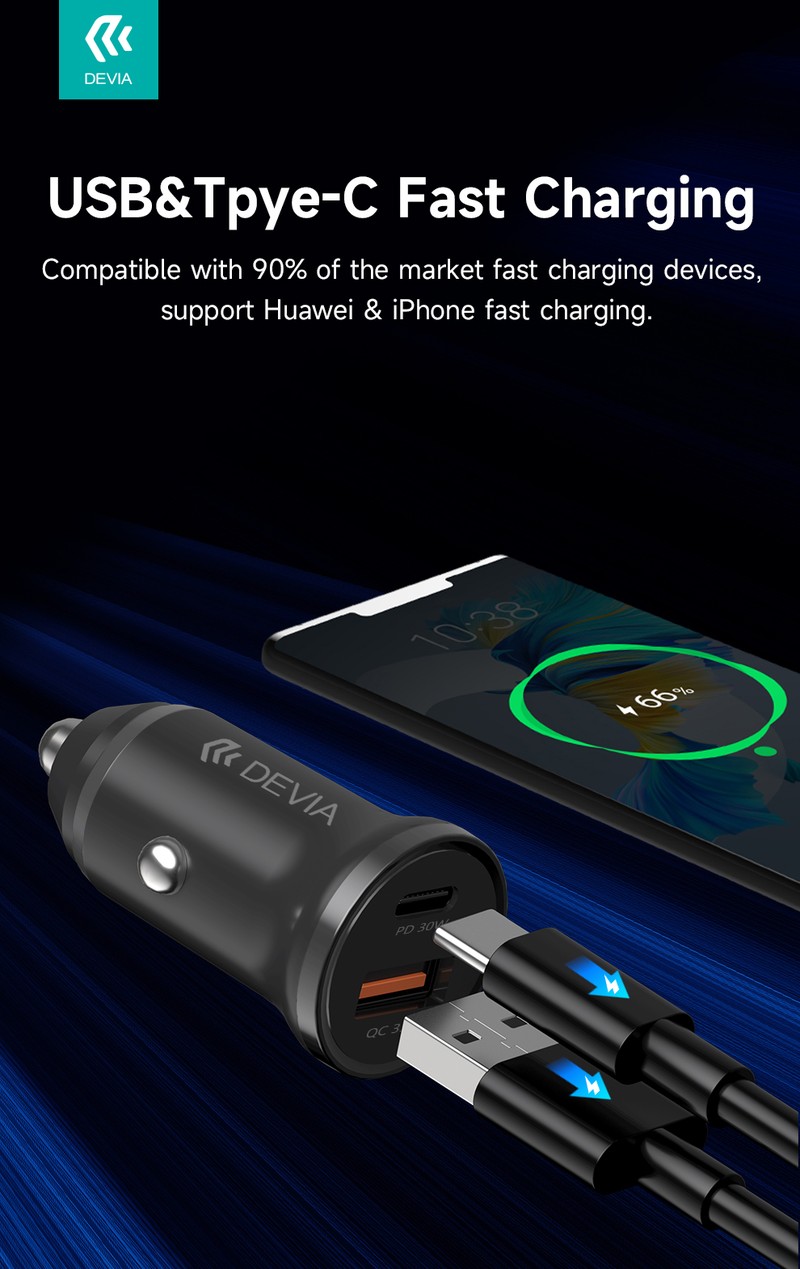 Incarcator auto Devia, PD QC 30 W, 1x USB + 1x USB-C, alb