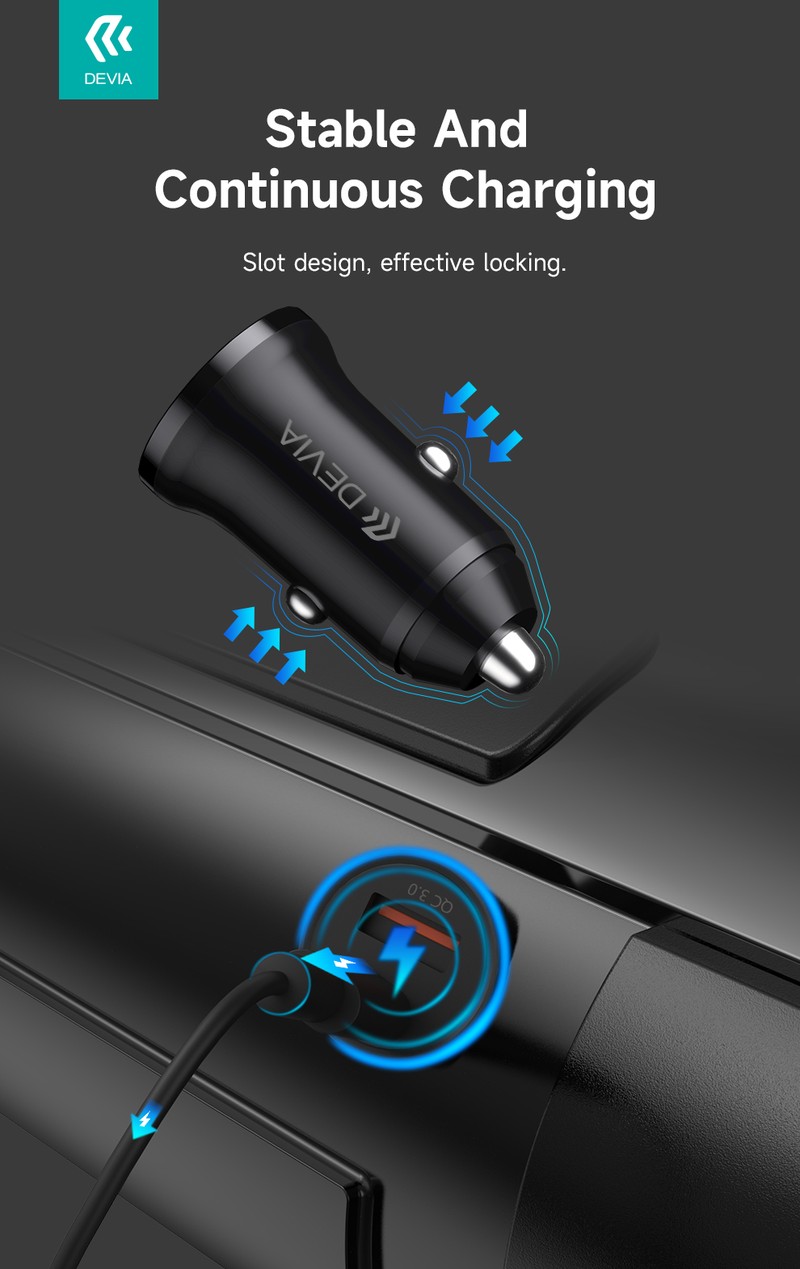 Incarcator auto Devia, PD QC 30 W, 1x USB + 1x USB-C, alb
