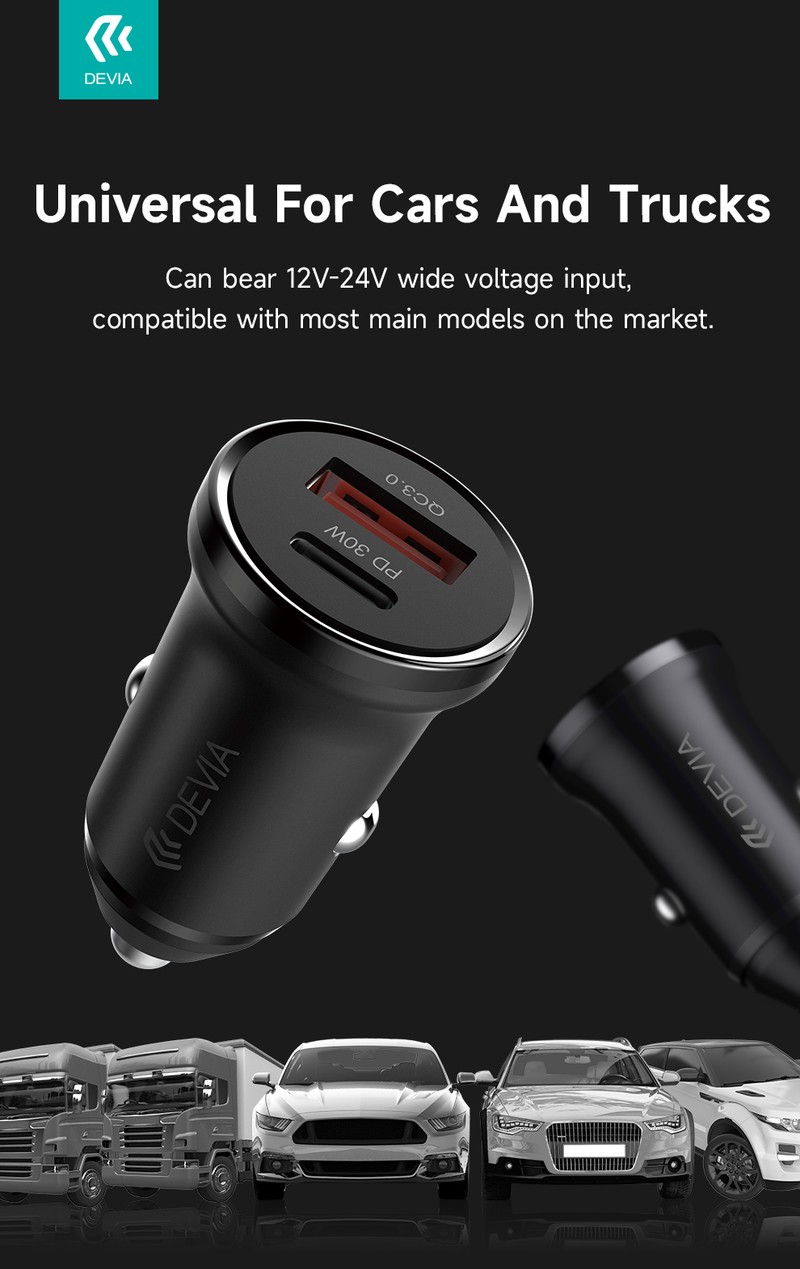 Incarcator auto Devia, PD QC 30 W, 1x USB + 1x USB-C, alb
