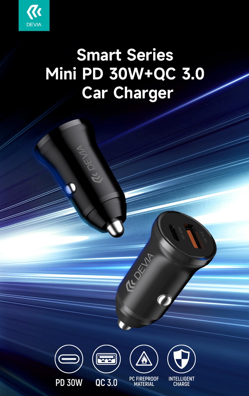 Incarcator auto Devia, PD QC 30 W, 1x USB + 1x USB-C, alb