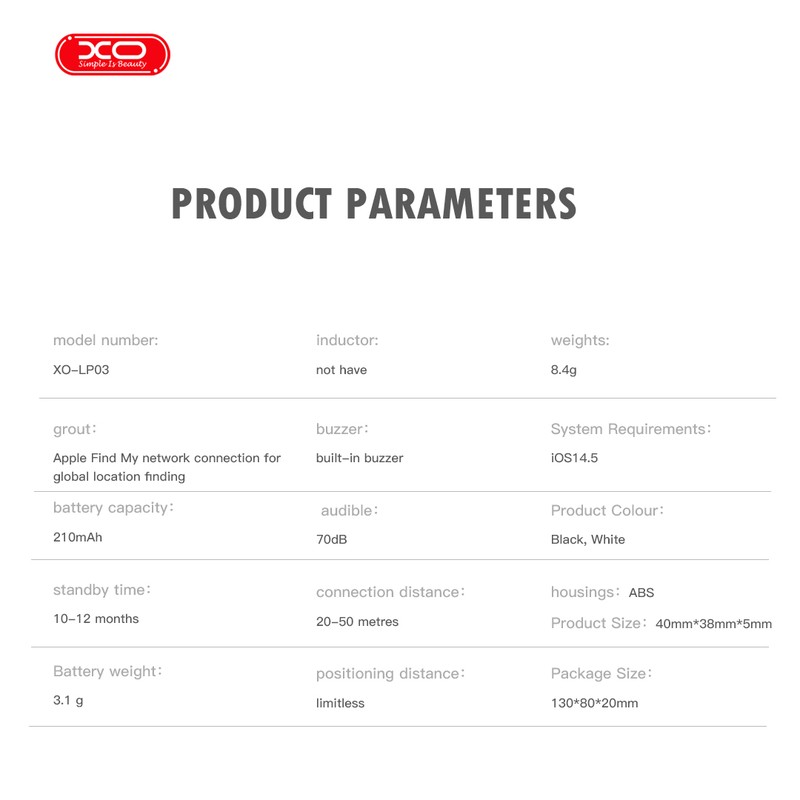 Localizator Bluetooth anti-pierdere, XO LP03, alimentare cu baterie CR2032, dimensiuni 40 x 38 x 5mm, 70 db, alb