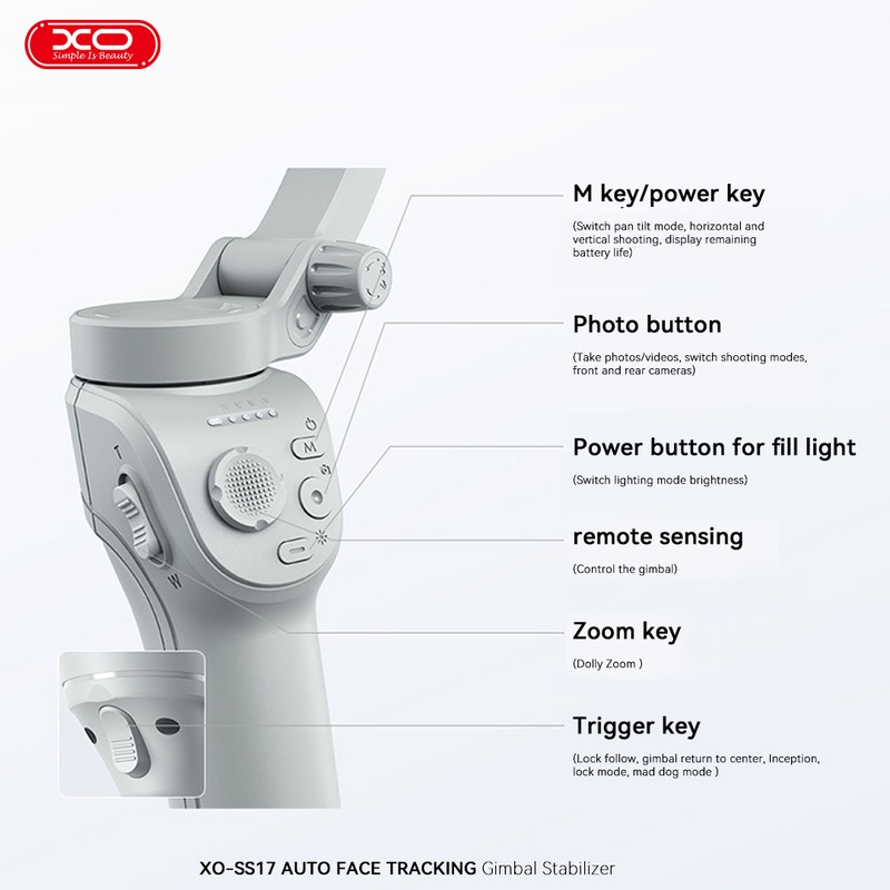 Gimbal selfie stick XO gimbal Bluetooth v.5.2 tripod SS17, auto face tracking, stabilizator, Gri