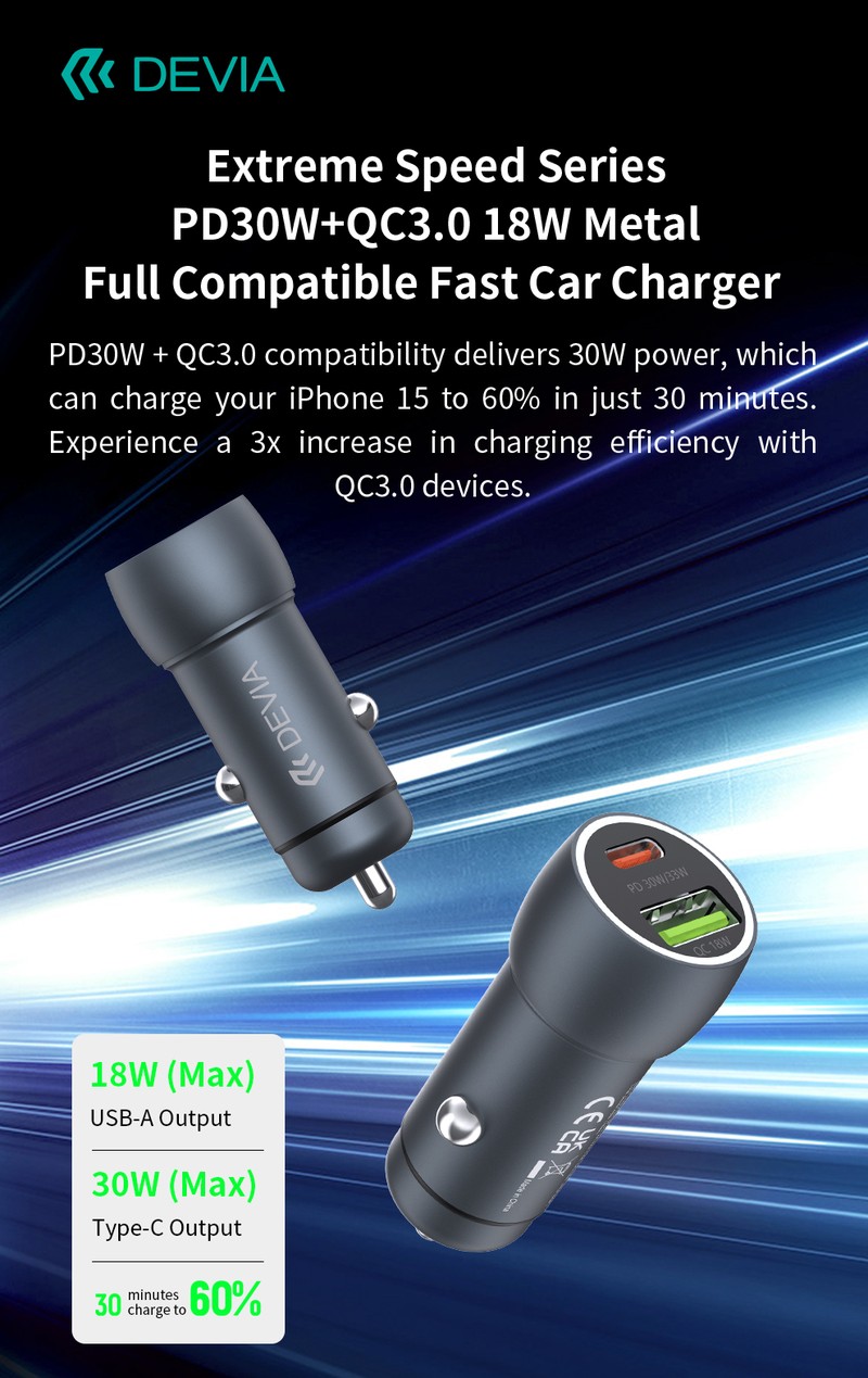 Incarcator auto Devia, PD QC 30 W, 1x USB + 1x USB-C, gri inchis