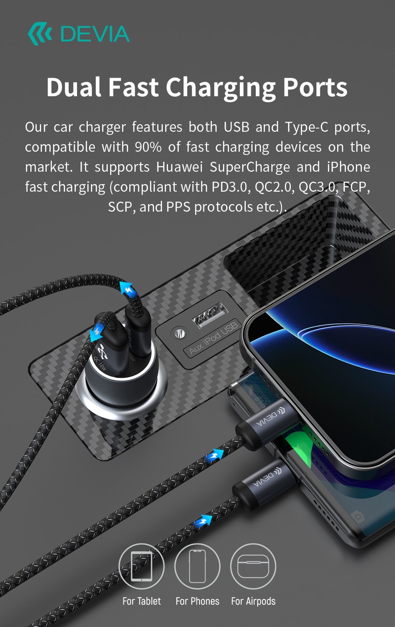 Incarcator auto Devia, PD QC 30 W, 1x USB + 1x USB-C, gri inchis