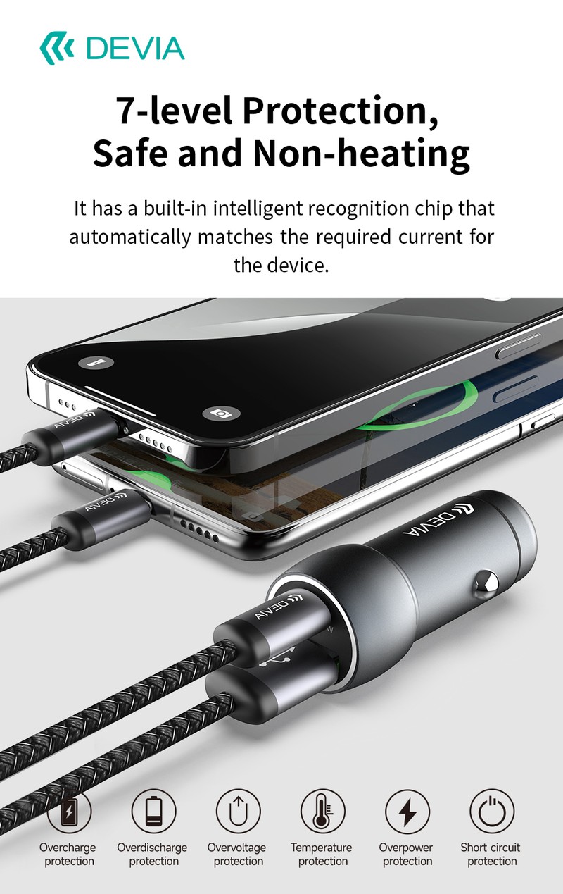 Incarcator auto Devia, PD QC 30 W, 1x USB + 1x USB-C, gri inchis