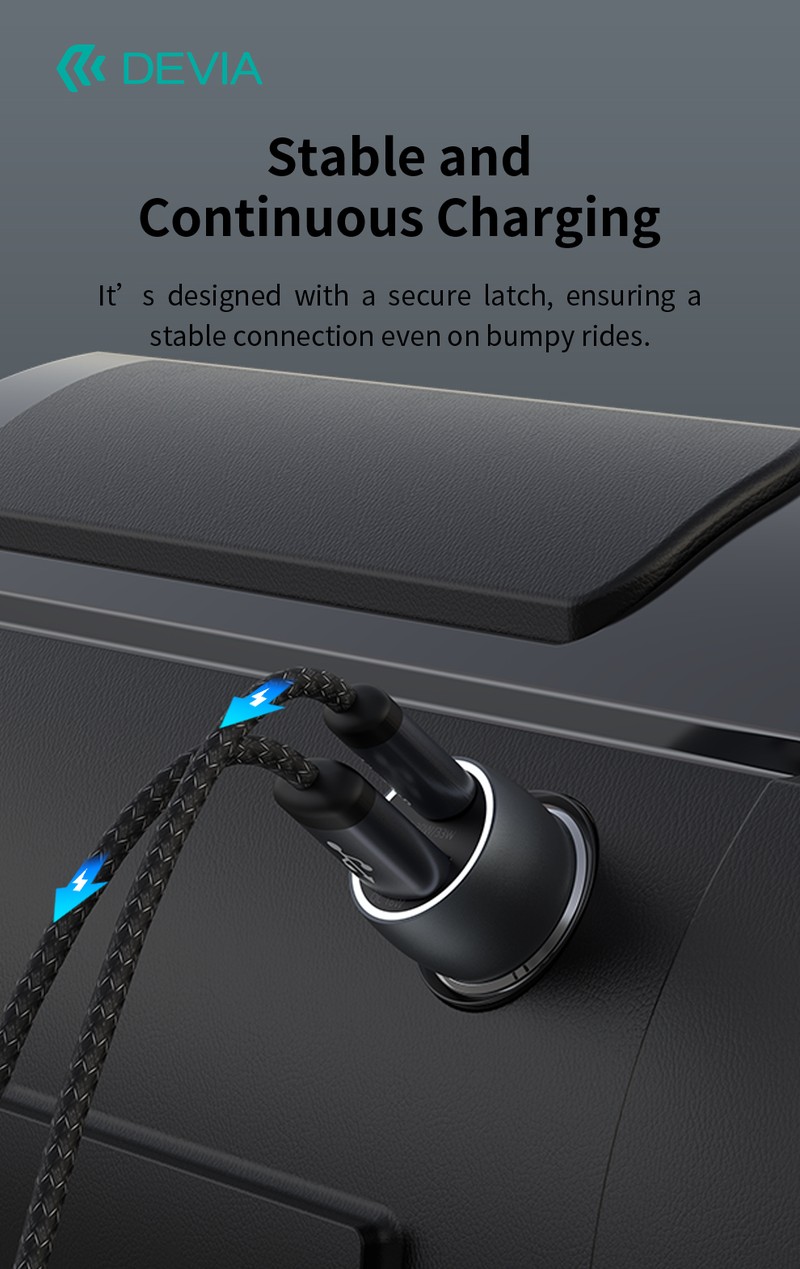 Incarcator auto Devia, PD QC 30 W, 1x USB + 1x USB-C, gri inchis