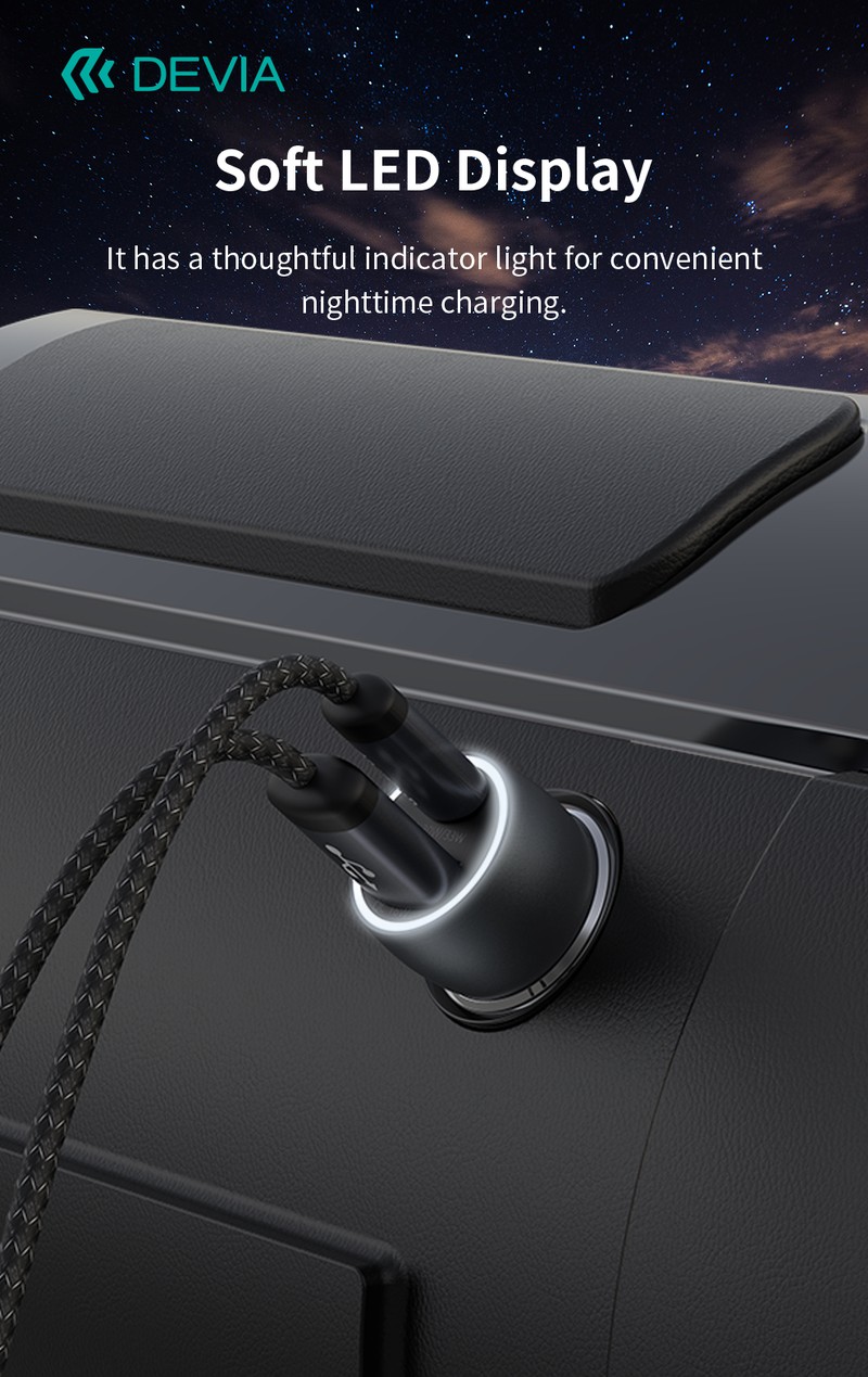Incarcator auto Devia, PD QC 30 W, 1x USB + 1x USB-C, gri inchis