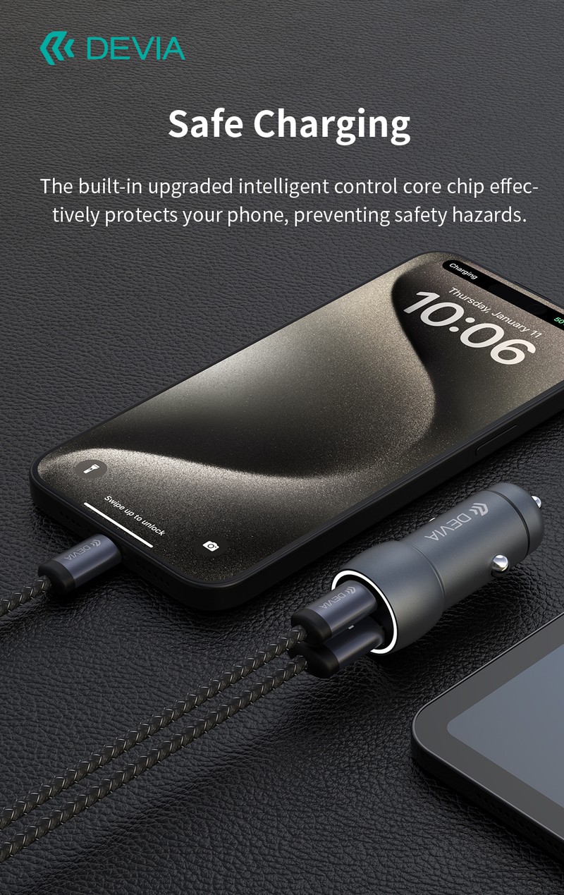 Incarcator auto Devia, PD QC 30 W, 1x USB + 1x USB-C, gri inchis