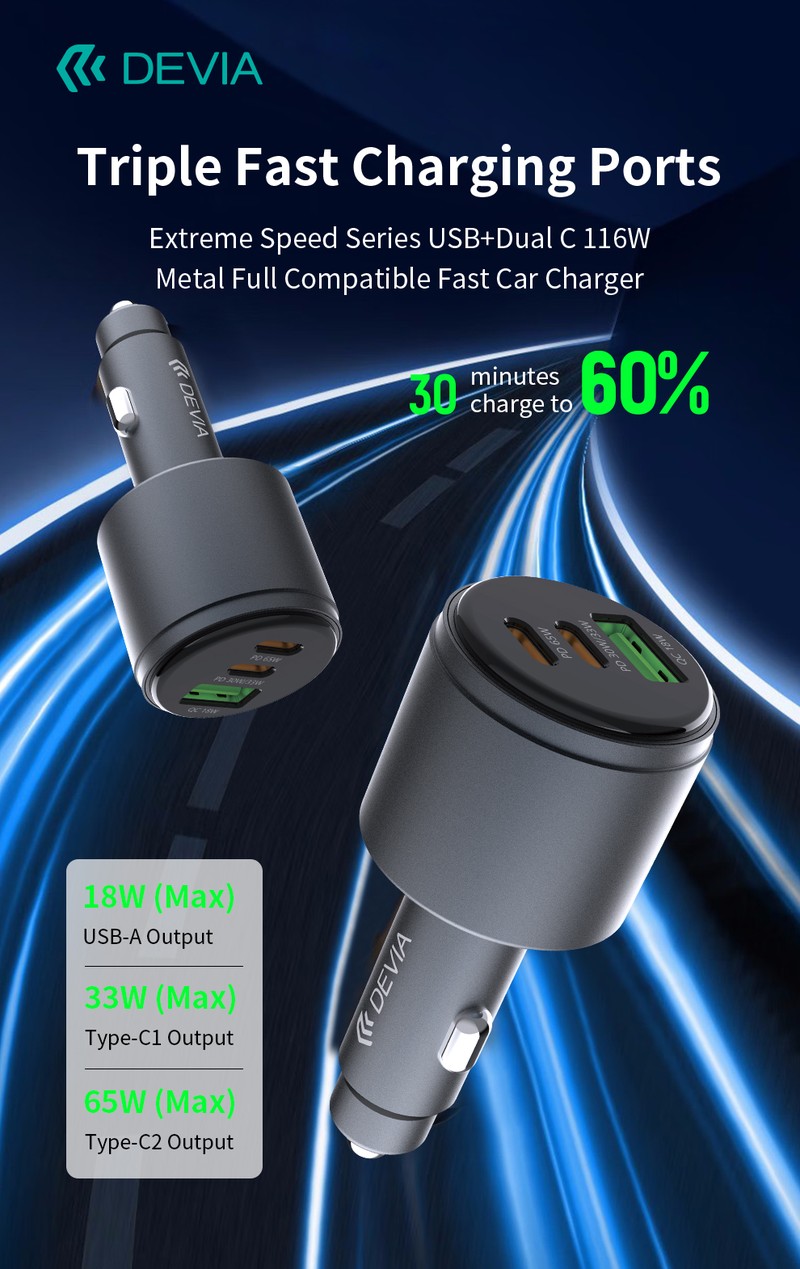 Incarcator auto Devia, PD QC 116 W, 1x USB + 2x USB-C, negru