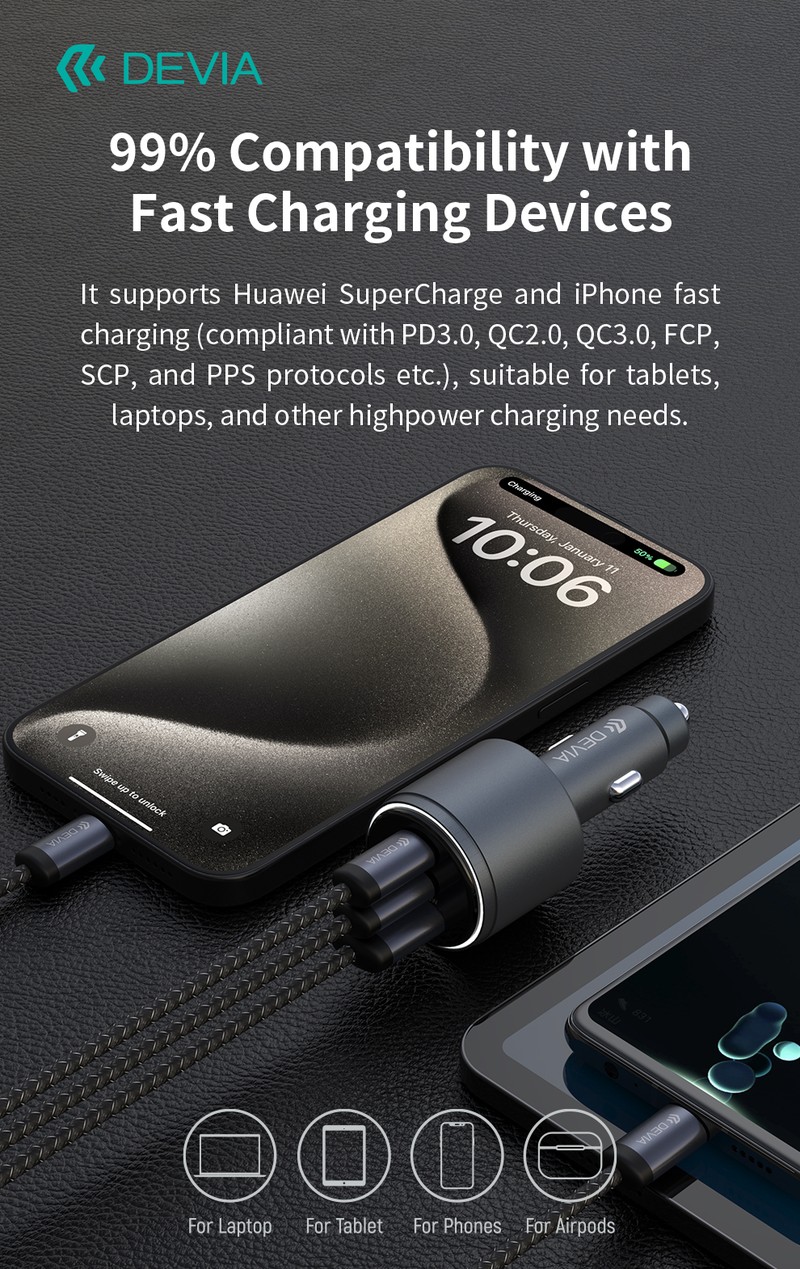 Incarcator auto Devia, PD QC 116 W, 1x USB + 2x USB-C, negru