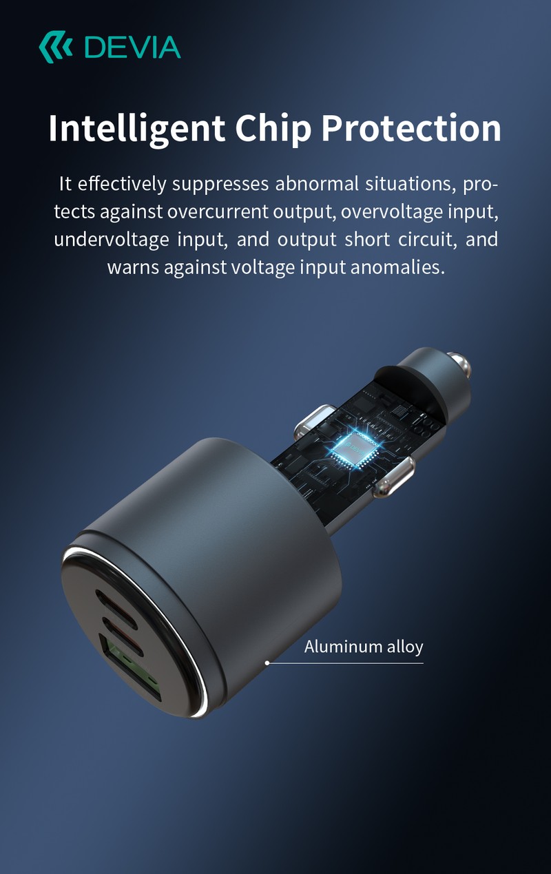 Incarcator auto Devia, PD QC 116 W, 1x USB + 2x USB-C, negru