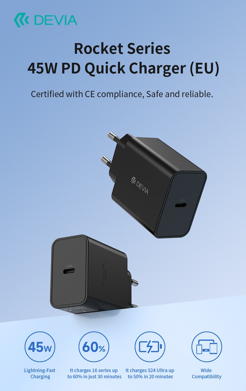 Incarcator Devia, PD 45 W, 3A, 1x USB-C, dimensiuni 82x45x28 mm, negru