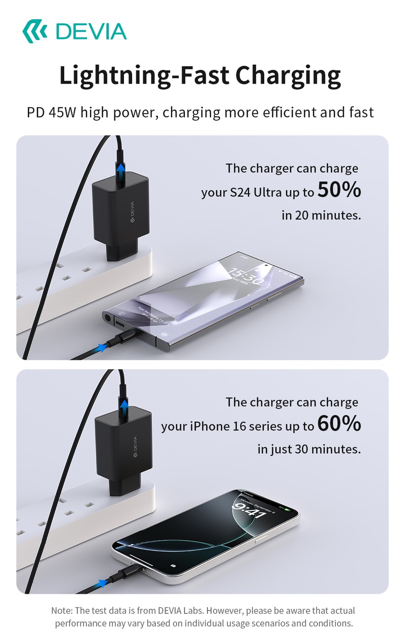 Incarcator Devia, PD 45 W, 3A, 1x USB-C, dimensiuni 82x45x28 mm, negru