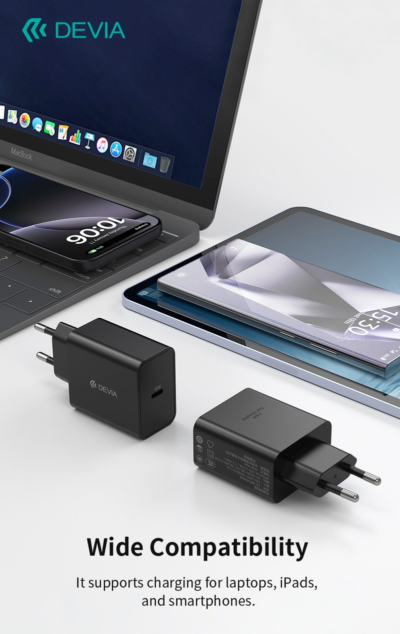 Incarcator Devia, PD 45 W, 3A, 1x USB-C, dimensiuni 82x45x28 mm, negru