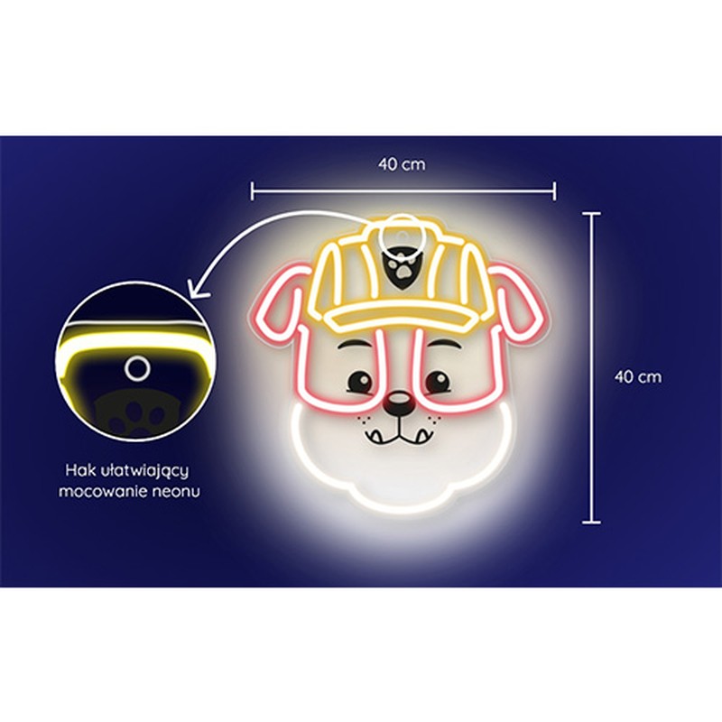 Neon LED pe plexiglas Psi Patrol, Paw Patrol Rubble, dimensiuni 40 x 40 cm, cablu USB cu lungime 1.5m