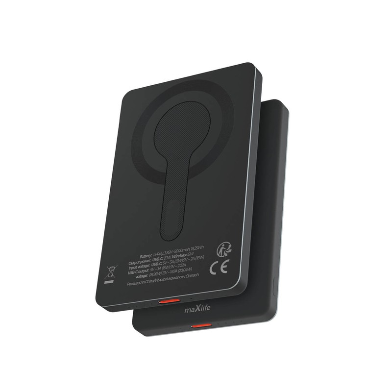 Power bank Maxlife wireless MXPB-05 20W PD 5000 mAh, intrare 5 V - 3 A/ 9 V - 2 A, Li-Poly, DC 5V/3A, 9V/2,22A, 12V/1,67A, USB-C, Negru