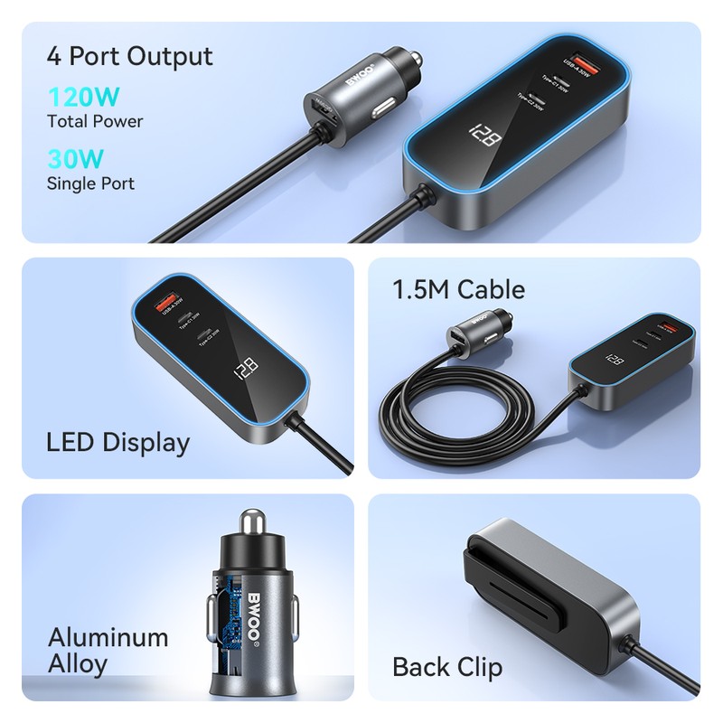 Incarcator auto BWOO CC107, PD 30 W, 1x USB-C, cablu 1.5m, negru