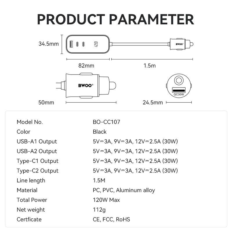 Incarcator auto BWOO CC107, PD 30 W, 1x USB-C, cablu 1.5m, negru