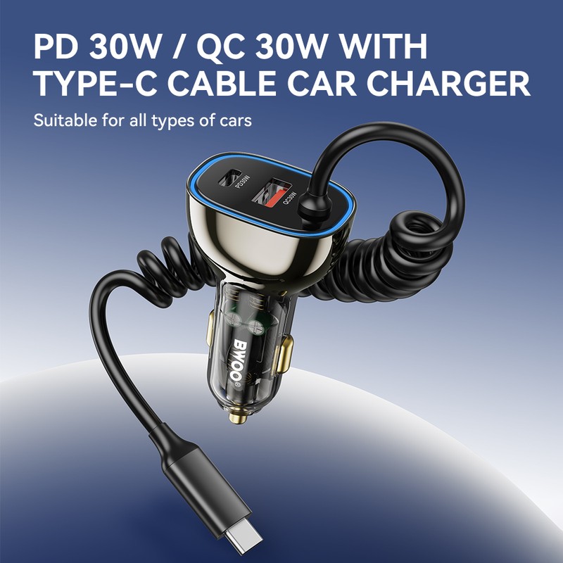 Incarcator auto BWOO CC96C, PD 30 W, 1x USB-C + 1x USB, cablu 1.5m, gri