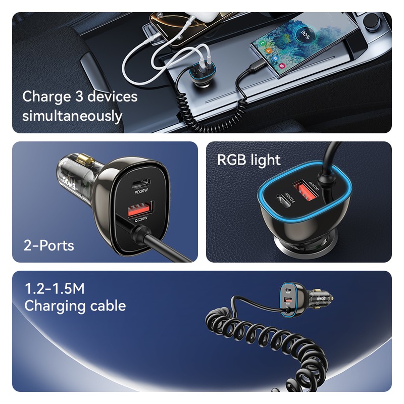 Incarcator auto BWOO CC96C, PD 30 W, 1x USB-C + 1x USB, cablu 1.5m, gri
