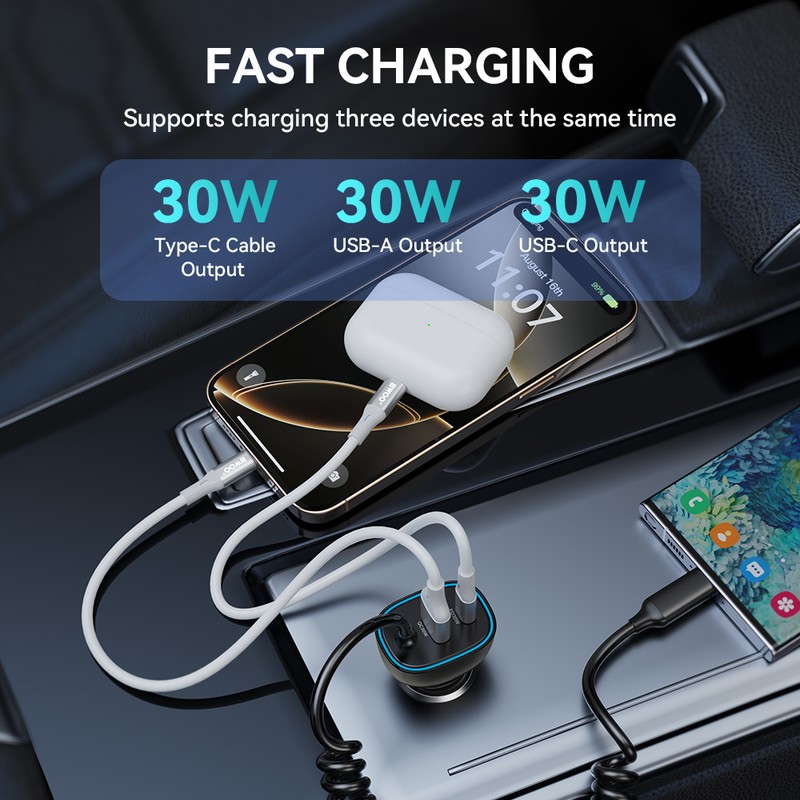 Incarcator auto BWOO CC96C, PD 30 W, 1x USB-C + 1x USB, cablu 1.5m, gri