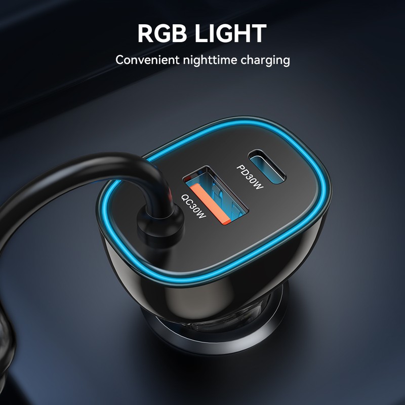 Incarcator auto BWOO CC96C, PD 30 W, 1x USB-C + 1x USB, cablu 1.5m, gri