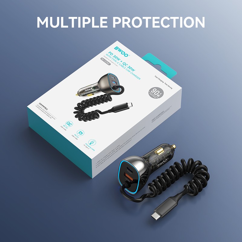 Incarcator auto BWOO CC96C, PD 30 W, 1x USB-C + 1x USB, cablu 1.5m, gri