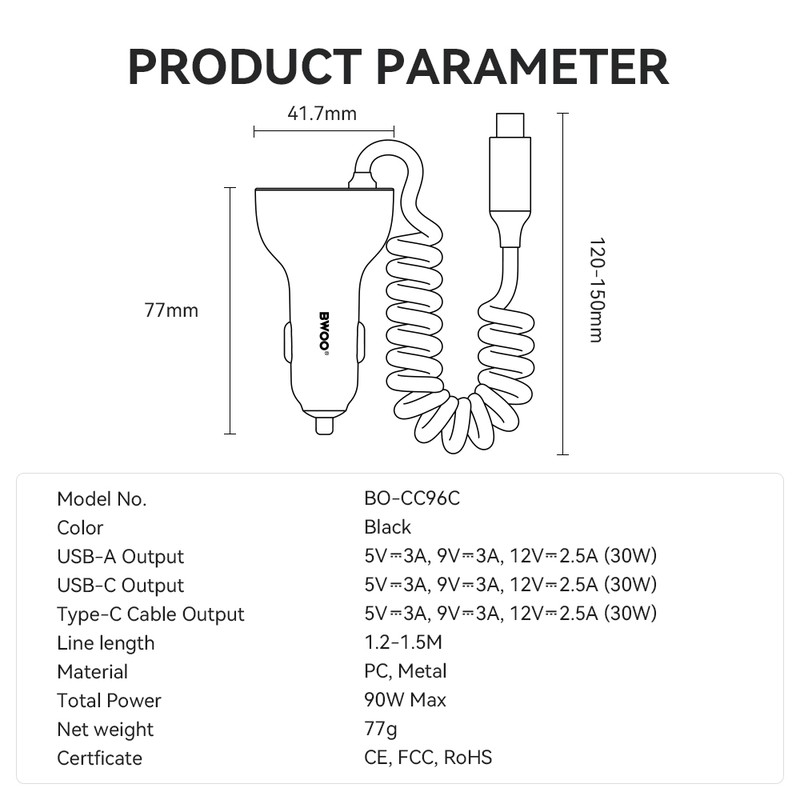Incarcator auto BWOO CC96C, PD 30 W, 1x USB-C + 1x USB, cablu 1.5m, gri