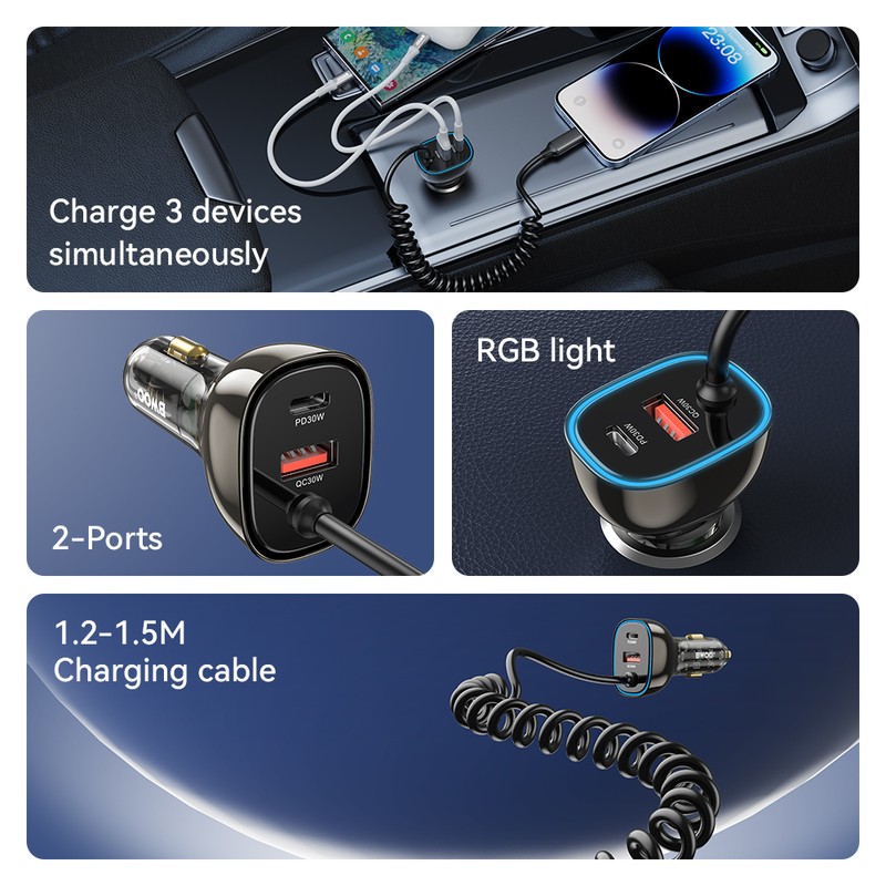 Incarcator auto BWOO CC96L, PD 30 W, 1x USB-C + 1x USB, cablu 1.5m, gri
