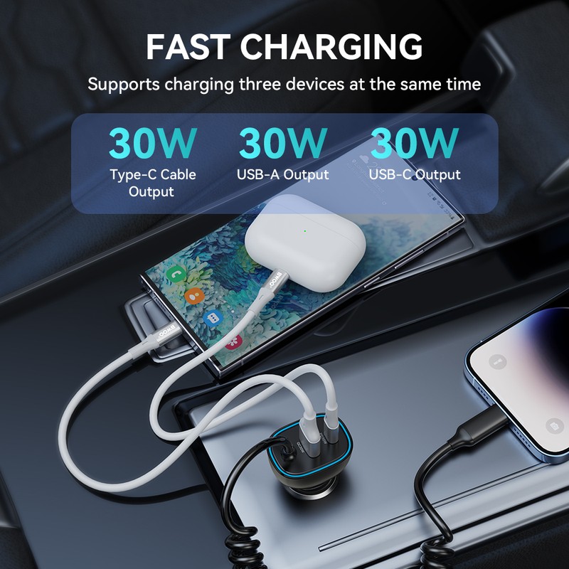 Incarcator auto BWOO CC96L, PD 30 W, 1x USB-C + 1x USB, cablu 1.5m, gri